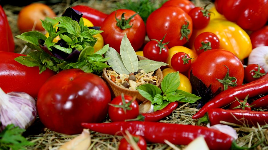 Een weelderige moestuin vol groenten en kruiden.